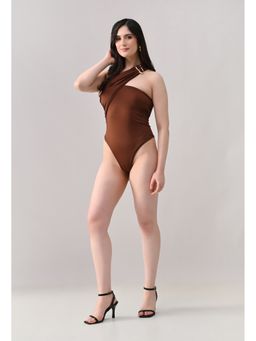 ANNY - Women Brown Draped Asymmetrical Bodysuit