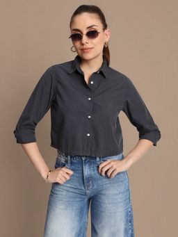 Bene Kleed - Women Solid Relaxed Fit Crop Casual Teal Shirt
