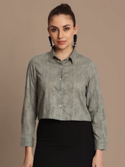 Bene Kleed - Women Floral Sheer Relaxed Fit Crop Casual Green Shirt