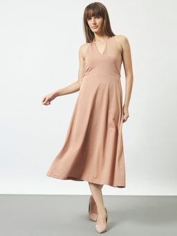 Trend Arrest - Women Halter Neck Fit & Flare Midi Beige Dress