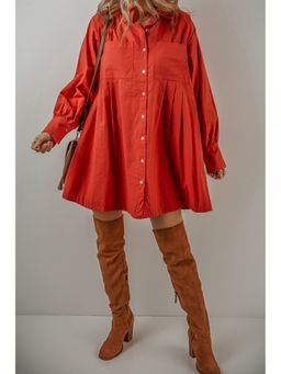 Errabelly - Women Tomato Red Bishop Sleeve Button Up Pleated Shirt Dress