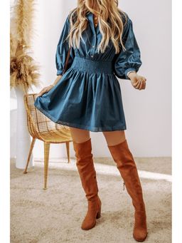Errabelly - Women Prussian Blue Shirred High Waist Buttoned Dress