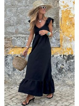 Errabelly - Women Black Plunging Neck Flutter Sleeve Smocked Bodice High Waist Ruffle Dress