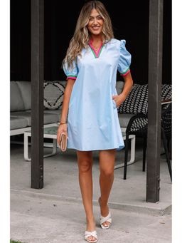Errabelly - Women Myosotis Contrast Striped Notched Mandarin Neck Puff Sleeve Dress