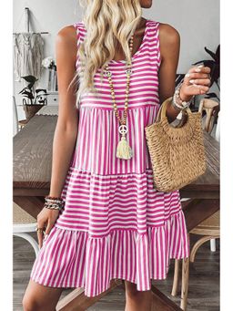 Errabelly - Women Rose Pink Striped Flared Sleeveless Dress