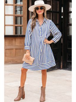 Errabelly - Women Blue Stripe Collared Half Button Side Pockets Dress