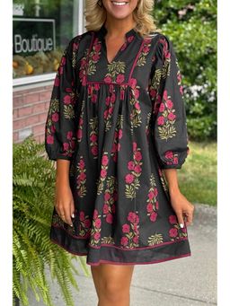 Errabelly - Women Black Floral Print Mandarin Neck Piping Trim Bracelet Sleeve Babydoll Dress