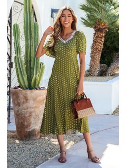 Errabelly - Women Green Polka Dot Print Lacy Neckline Smocked High Waist Dress