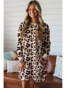 Errabelly - Women Khaki Leopard Long Sleeve Shift T Shirt Dress