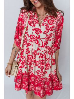 Errabelly - Women Red Collared Half Sleeve Loose Flower Dress