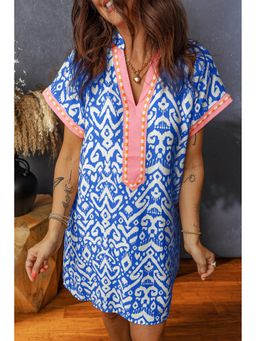 Errabelly - Women Blue Western Fashion Printed Color Block Patchwork Shift Dress