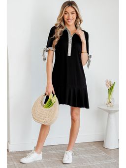 Errabelly - Women Black Stripe Detail Polo Collar Half Buttons Tied Shift Dress