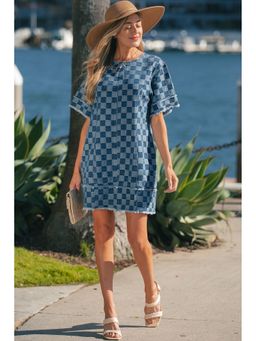 Errabelly - Women Sky Blue Frayed Hem Checkered Denim Dress