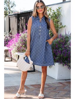 Errabelly - Women Sail Blue Rhombus Collar Buttoned Denim Sleeveless Dress