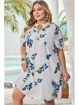 Errabelly - Women White Plus Size Floral Short Puff Sleeve Contrast Tie Dress