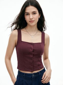 Outzidr - Wine Button Down Square Neck Top