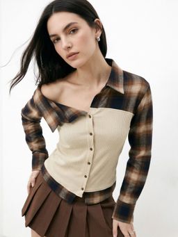 Outzidr - Beige Ribbed Tube Checkered Off-Shoulder Style Top