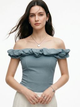 Outzidr - Teal Off-Shoulder Thick Ruffled Top