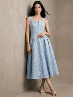 Outzidr - Women Light Blue Shoulder Strap Textured Dress