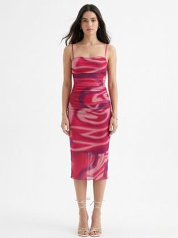 Outzidr - Women Pink Spaghetti Strap Printed Dress