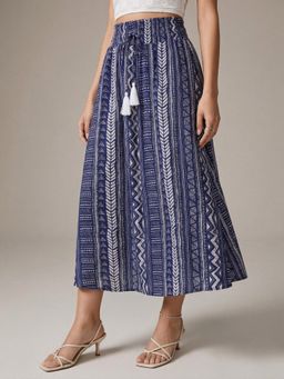Outzidr - Women Blue High Waist Printed Skirt
