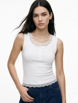Outzidr - White Ribbed Twofer Tank With Lace Inserts Top