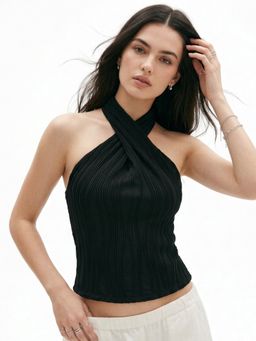 Outzidr - Black Textured Criss Cross Halter Tank Top