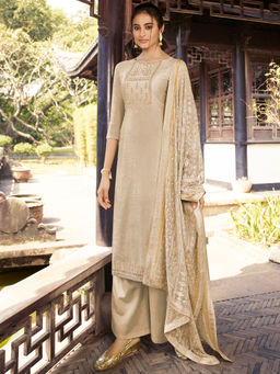 Stylee LIFESTYLE - Beige Pure Silk Embroidered Unstitched Dress Material (Set of 3)