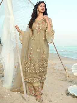 Stylee LIFESTYLE - Olive Green Net Embroidered Unstitched Dress Material (Set of 3)