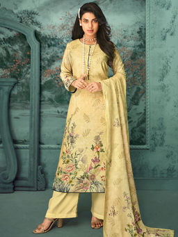 Stylee LIFESTYLE - Yellow Velvet Digital Printed Unstitched Dress Material (Set of 3)