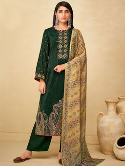 Stylee LIFESTYLE - Green Velvet Digital Printed Unstitched Dress Material (Set of 3)