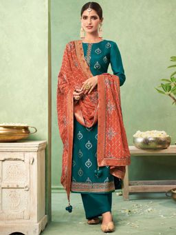 Stylee LIFESTYLE - Teal Viscose Embroidered Unstitched Dress Material (Set of 3)