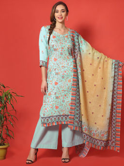 Stylee LIFESTYLE - Turquoise Cotton Digital Floral Printed Unstitched Dress Material (Set of 3)