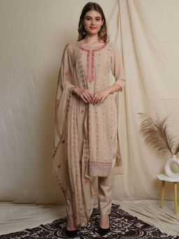 Stylee LIFESTYLE - Beige Georgette Embroidered Unstitched Dress Material (Set of 3)