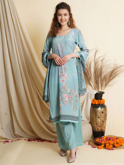 Stylee LIFESTYLE - Teal Crape Digital Floral Printed Unstitched Dress Material (Set of 3)