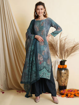 Stylee LIFESTYLE - Teal Crape Digital Floral Printed Unstitched Dress Material (Set of 3)