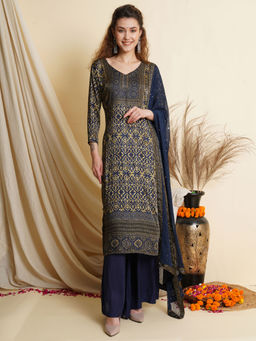 Stylee LIFESTYLE - Navy Blue Satin Digital Printed Unstitched Dress Material (Set of 3)