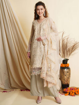 Stylee LIFESTYLE - Beige Net Embroidered Unstitched Dress Material (Set of 3)