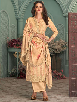Stylee LIFESTYLE - Beige Viscose Embroidered Unstitched Dress Material (Set of 3)