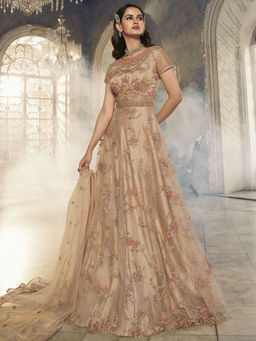 Stylee LIFESTYLE - Beige Net Embroidered Unstitched Dress Material (Set of 3)