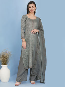 Stylee LIFESTYLE - Olive Green Cotton Silk Digital Printed Unstitched Dress Material (Set of 3)