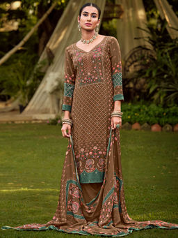 Stylee LIFESTYLE - Brown Crape Embroidered Unstitched Dress Material (Set of 3)