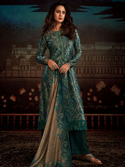 Stylee LIFESTYLE - Teal Velvet Digital Printed Unstitched Dress Material (Set of 3)