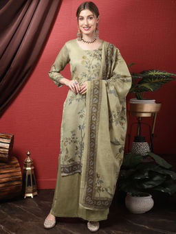 Stylee LIFESTYLE - Olive Green Cotton Silk Digital Printed Unstitched Dress Material (Set of 3)
