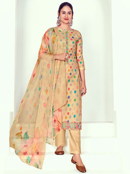 Stylee LIFESTYLE - Beige Cotton Digital Printed Unstitched Dress Material (Set of 3)