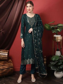 Stylee LIFESTYLE - Teal Viscose Embroidered Unstitched Dress Material (Set of 3)