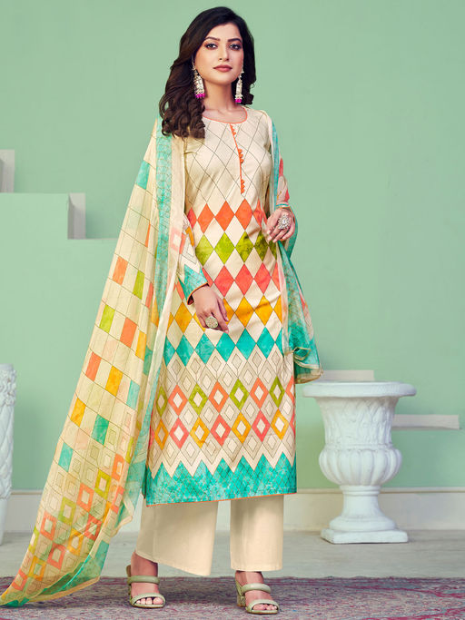 Buy Stylee LIFESTYLE Cream Cotton Digital Printed Unstitched Dress Material  (Set of 3) Online