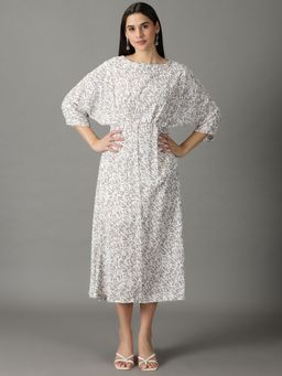 SHOWOFF - Women's Printed Round Neck Taupe Midi Dress