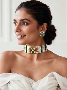 TAD Accessories - Gold Finish Polkis And Semi Precious Stones Choker And Earrings Set