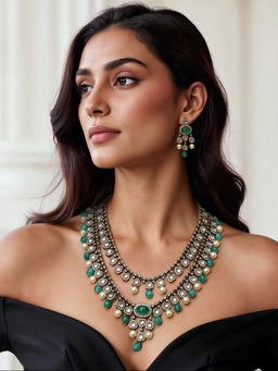 TAD Accessories - Gold Finish Necklace Set In Imitation Kundan And Semi Precious Stones